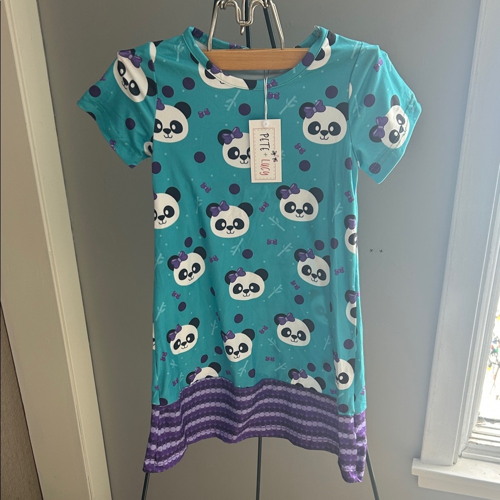 Pete + Lucy Teal Panda Print Dress with Purple Accents
